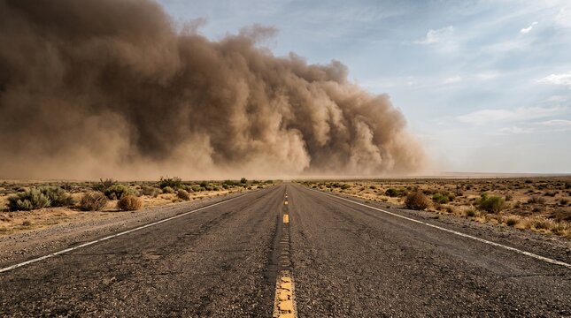 Massive dust storm haboob approaching an empty desert highway road landscape