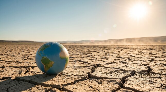 Planet earth globe on cracked dry soil representing global warming and climate change