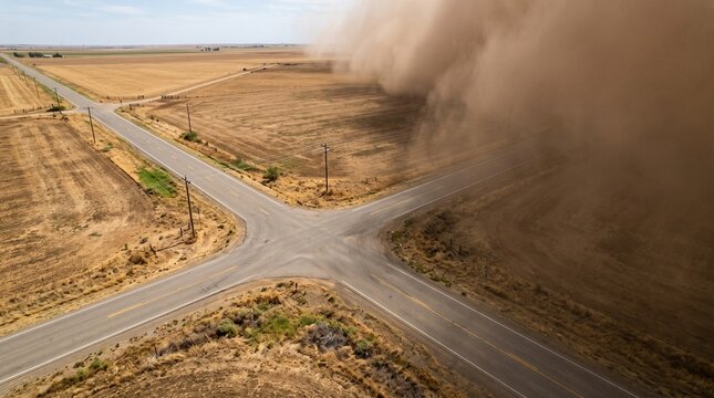 Massive dust storm haboob sweeping across rural crossroads and farm fields photograph