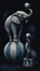 Fototapeta premium Surreal mobile wallpaper of an elephant and seal balancing balls.