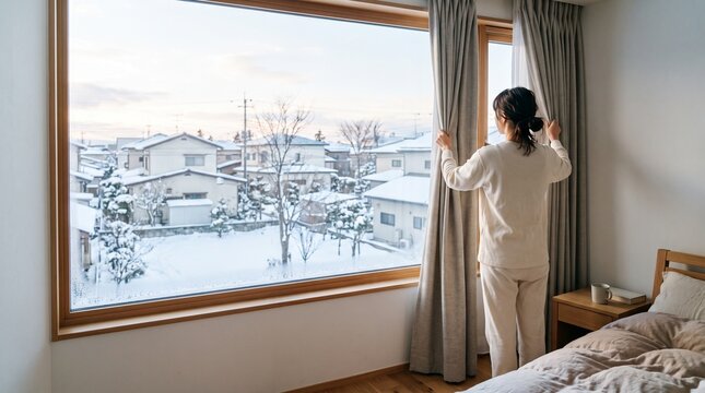 冬の朝に厚手のカーテンを開けて日光を取り入れる日本人