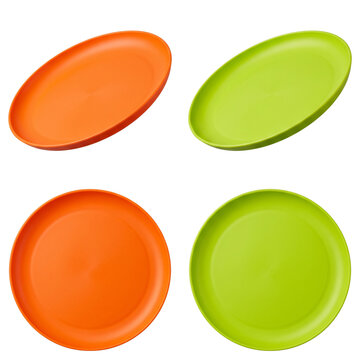 Set of Four Oval and Round Plastic Plates, Orange and Green Colors