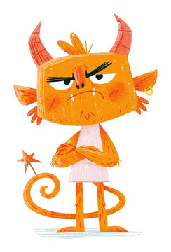 PNG Grumpy cartoon devil with horns and tail illustration.
