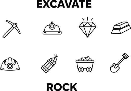 Set of mining and excavation icons featuring pickaxe helmet diamond gold bar explosives mine cart and shovel line art
