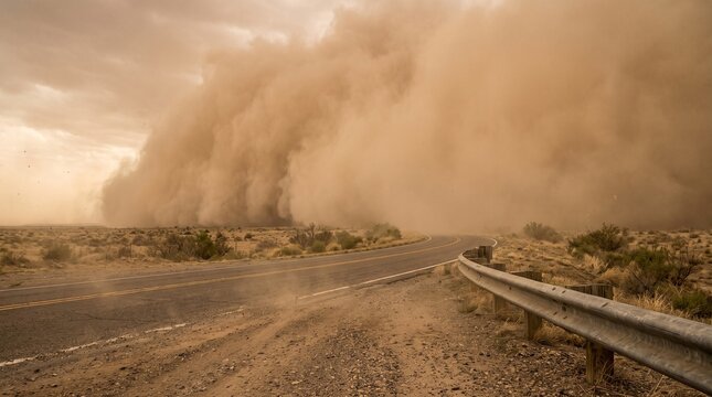 Dust storm haboob wall approaching an empty desert highway road landscape