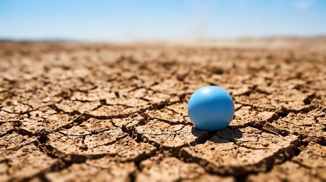 Blue sphere on cracked dry earth representing climate change and global water scarcity