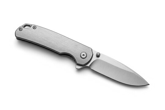 Titanium EDC Pocket Knife, Open Drop-Point Blade, Isolated on White, Editorial
