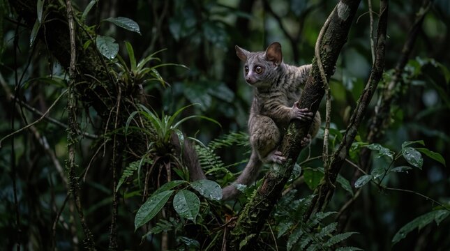 galago bushbaby sitting on a branch in a dark jungle at night