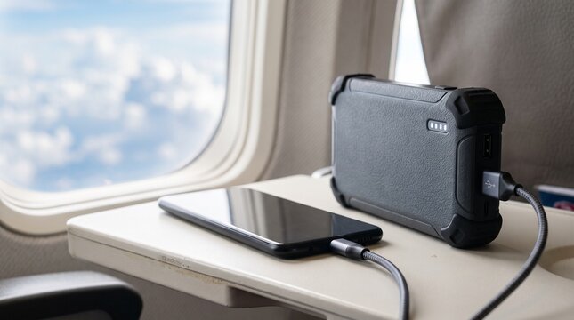 Power bank charging smartphone on airplane tray table during flight travel