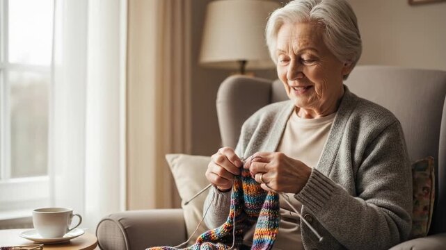 Senior Woman Knitting Colorful Wool Socks While Relaxing at Home.