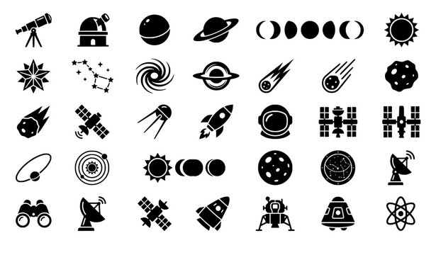 Space science black icon set with astronomy telescope planets galaxy satellite rocket and celestial symbols