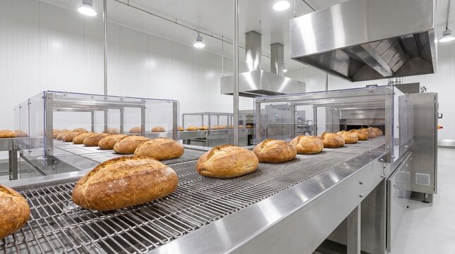 Fresh bread loaves moving along a metal conveyor belt in a modern bakery factory
