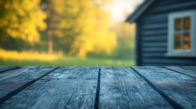 Rustic Wooden Table Surface with Blurred Garden View.