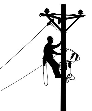 Silhouette of an electrician lineman climbing a utility power pole for maintenance and repair of electrical lines
