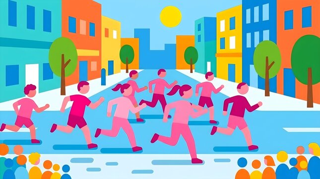 Colorful Flat Illustration of People Running a City Marathon