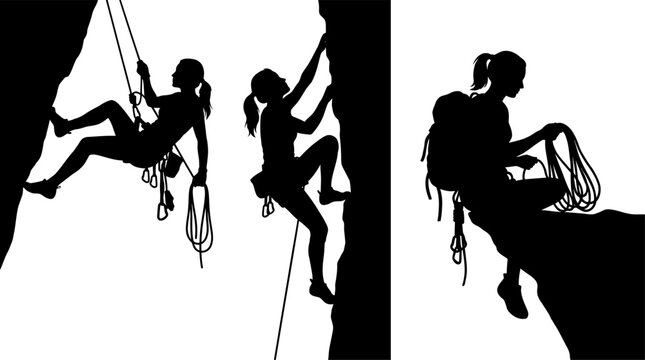 Rock climbing wall vector with female athlete silhouettes