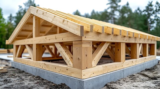 Wooden Roof Truss Framework Under Construction.