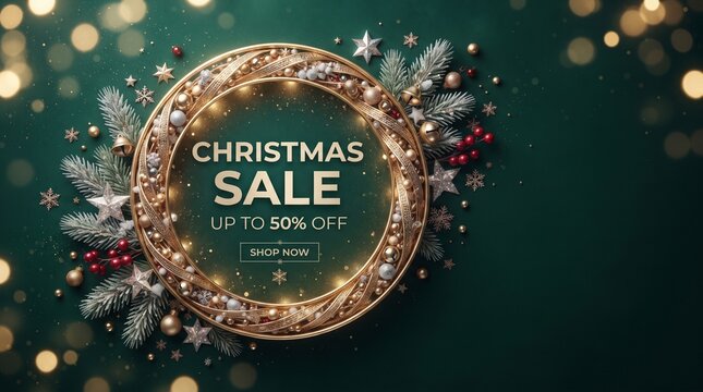 Christmas sale promotion banner background with elegant golden ring wreath, pine branches, berries, and copy space