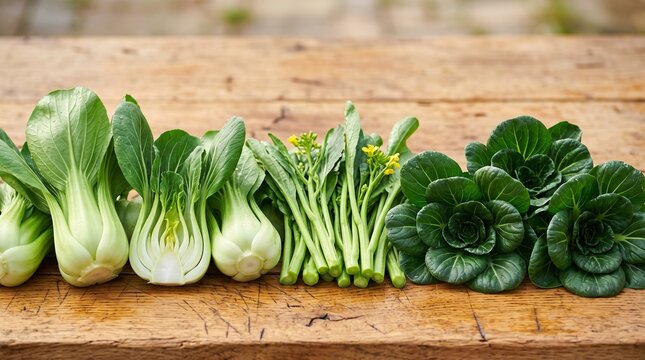 Fresh green Asian vegetables arranged in a row on a rustic wooden surface
