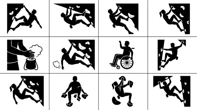 Rock climbing wall vector silhouette set of diverse athletes