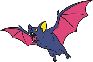Fototapeta premium Bat Illustration Flying with Open Mouth and Spread Wings. Cartoon Animal Design for Halloween