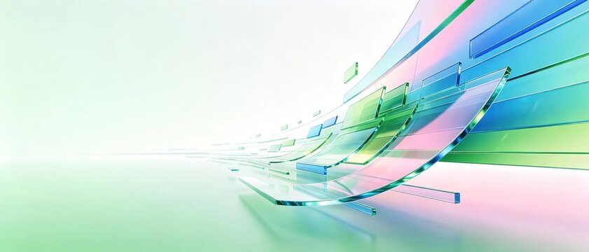Abstract smooth flowing wave of transparent glossy glass rectangles in soft blue green and pink pastel shades modern futuristic light tech background