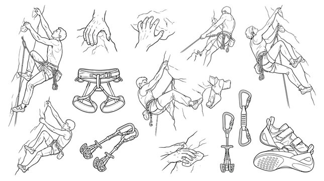 Rock climbing wall vector set with athletes and mountaineering gear