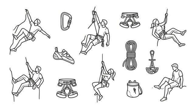Rock climbing wall vector icons and mountaineering equipment set