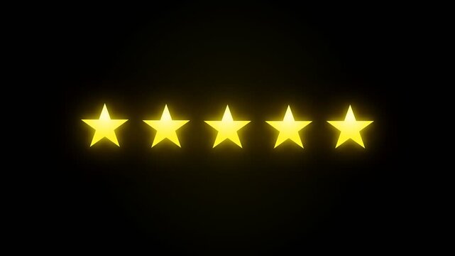 Five glowing yellow stars shine brightly in a row across a dark space, representing top quality ratings, excellent customer reviews, premium service success, and ultimate satisfaction milestones