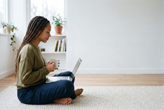 Woman working on laptop while holding coffee in bright home