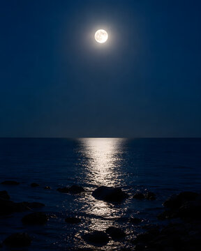 Full Moon over Calm Ocean with Soft Moonlight Reflection