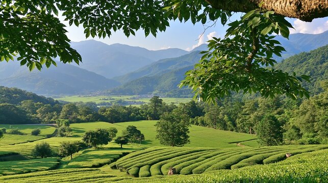 Beautiful green tea plantation terraced fields in mountain valley framed by tree leaves on sunny day natural rural landscape with distant rolling mountains