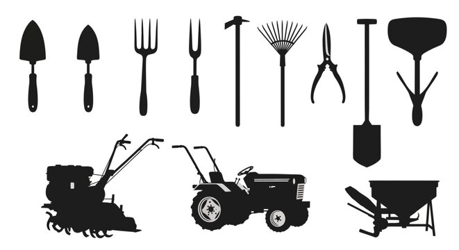 Gardening tools and machinery in black silhouette on white background with collection gardening silhouette against pruning shears wheelbarrow