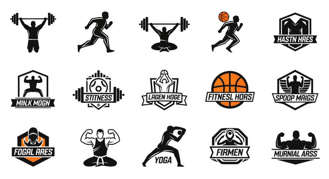 Collection of fitness logos and icons with various designs with featuring people exercising set fitness related exercising weights weightlifting