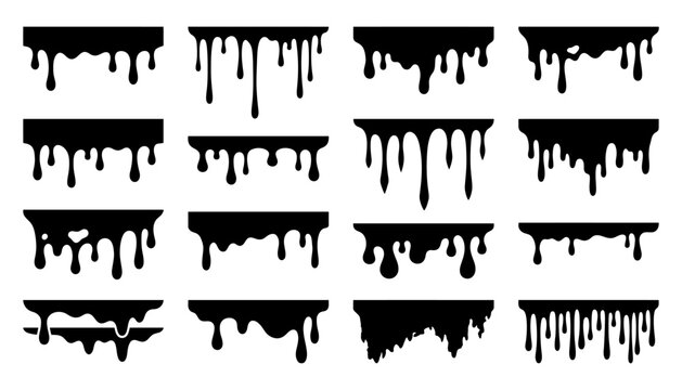 Black liquid dripping borders and melting edges set collection with liquid drips ink drips paint drips goo border black slime melt vector
