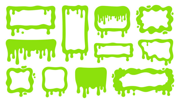 Green slime dripping frames and borders set on white background with gooey borders dripping liquid goo vector toxic slime horror border dripping
