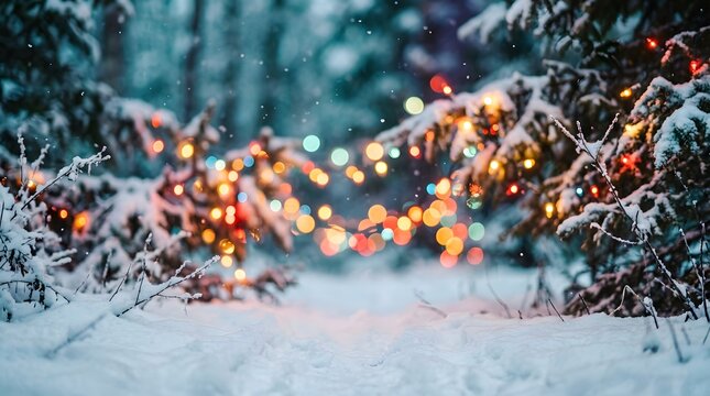 Glowing fairy lights hanging on snowy pine branches in winter forest