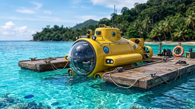 3D Yellow Personal Exploration Submarine Docked on Wooden Platform in Crystal Clear Tropical Sea with Island Background
