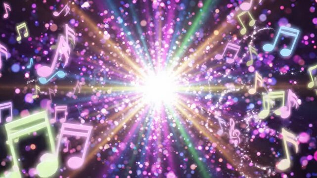 Abstract bright colorful celebration music notes explosion, vibrant light, joyous party, psychedelic color show, auditory delight, unadulterated happiness