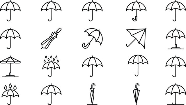 Rain umbrella and beach parasol line icon set featuring weather protection shelter shade and open folded symbols