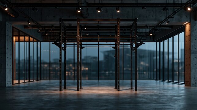 Modern empty minimalist gym interior with black metal squat rack in center concrete walls and large glass windows overlooking city at dusk industrial fitness space