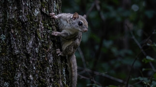 flying squirrel climbing on a dark tree trunk in the forest at night