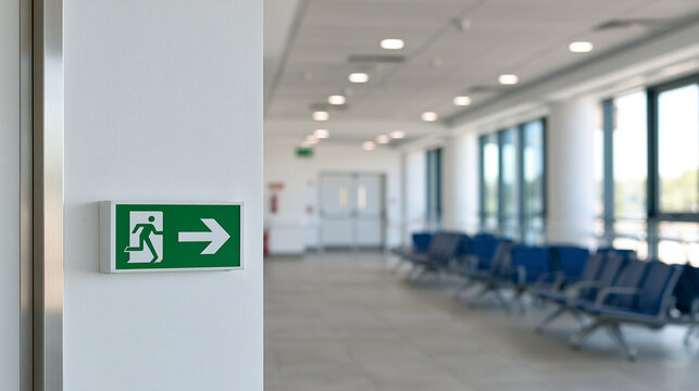 An emergency exit sign mounted on a white wall in a modern office building interior corridor with blurred waiting area and blue chairs