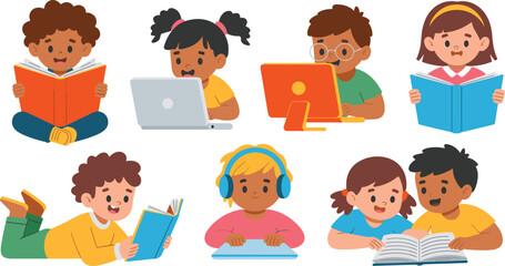 Naklejka premium Diverse Kids Learning Vector Icon Set with Children Reading Books, Using Laptops, and Studying on Computers for Education, School, and E-Learning Graphic Designs