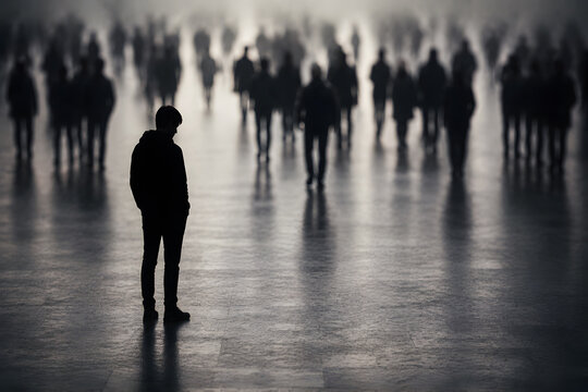 One isolated person silhouette standing apart from a large group of blurred silhouettes, social exclusion and loneliness concept