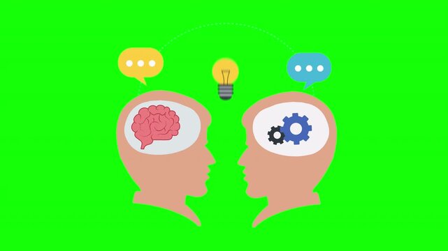 Creative collaboration and innovation concept with two heads, brain, gears, light bulb and speech bubbles