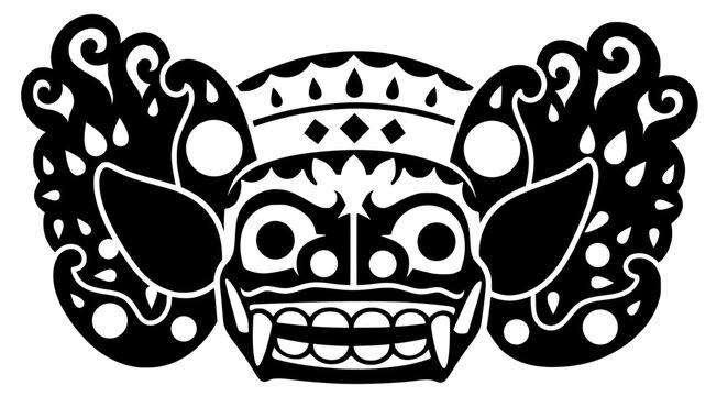 Black illustration of Balinese Barong mask with ornate eyes, teeth, and crown. Bold vector artwork symbolizing mythology, protection, and cultural heritage in stylized form.