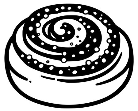 Black illustration of Kanelbulle pastry with spiral swirl. Bold vector artwork symbolizing Swedish bakery, dessert, and caf&eacute; culture in stylized form.