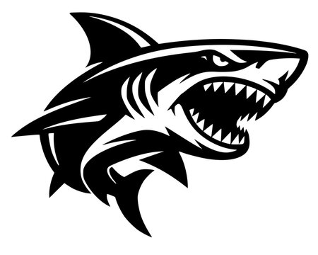 Bold black silhouette of a shark with open mouth and sharp teeth, dynamic tribal tattoo‑style vector design symbolizing strength, power, and aggression.