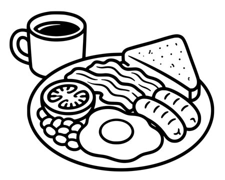 Minimal black line drawing of a classic full breakfast plate with egg, bacon, sausages, beans, toast, tomato, and coffee cup, simple stylized vector illustration.